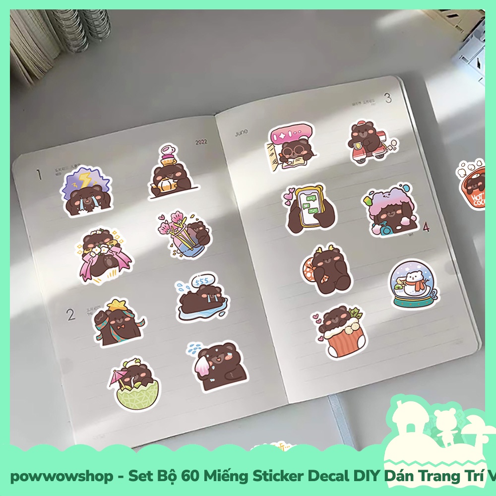 [Sẵn VN - Hỏa Tốc] Set Bộ 60 Miếng Sticker DIY Chống Thấm Nước Dán Trang Trí Vật Dụng Phong Cách Hoạt Hình Brown Bear