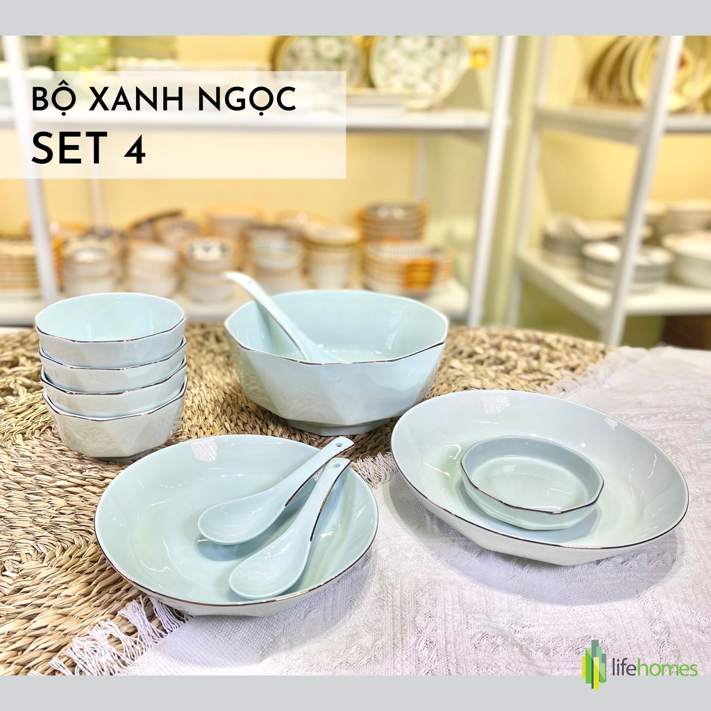 Bộ bát đĩa gốm sứ Xanh Ngọc đa cạnh Lifehomes Decor , Set chén tô ăn cơm cao cấp phong cách Châu Âu