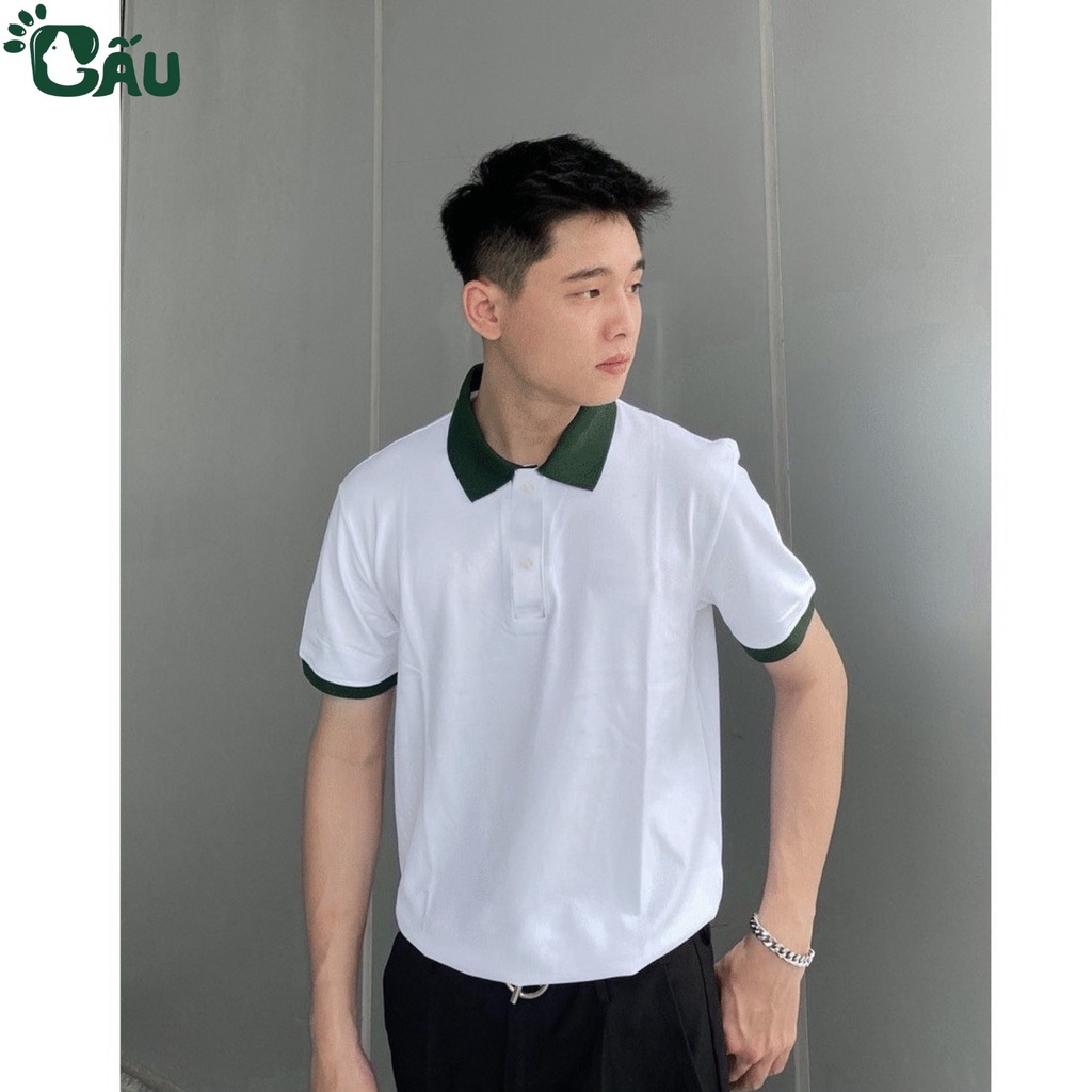 Áo thun Polo GẤU 194 Trơn Unisex vải cá sấu Poly co dãn 4 chiều dày dặn form gerular fit - PL Trắng Phối Ve Chai - 13