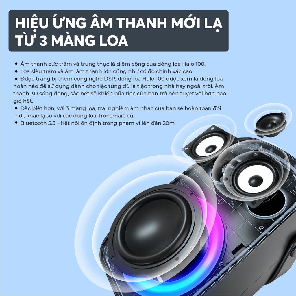 Loa Bluetooth 5.3 Karaoke mini di động TRONSMART HALO 100 SPEAKER – Đèn RGB ấn tượng -Bảo Hành 1 Năm.