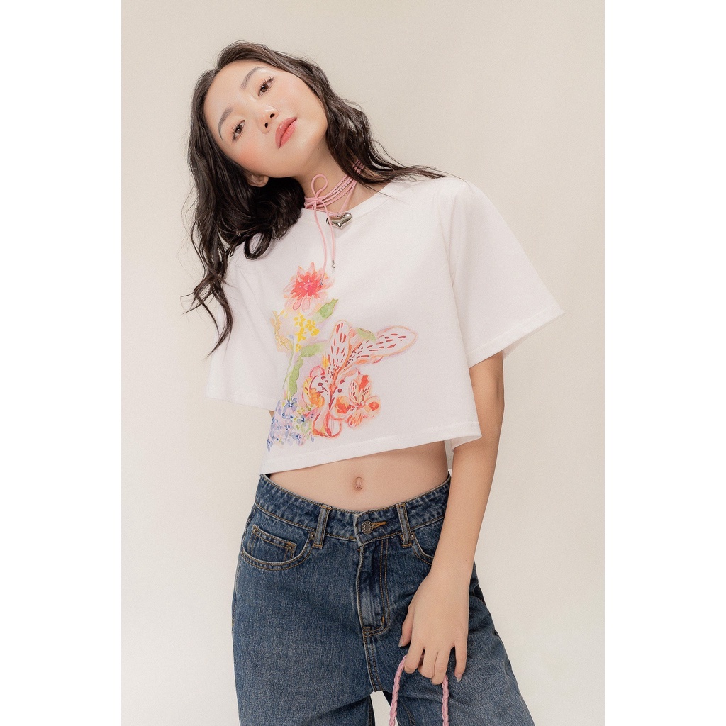 LIBÉ - Áo thun tay ngắn dáng boxy cổ tròn màu trắng in hình