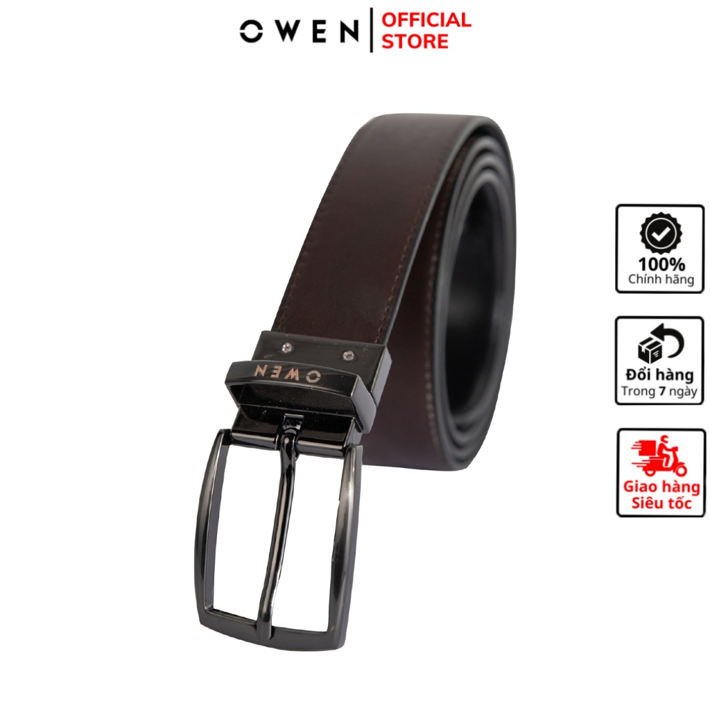 Thắt lưng da nam cao cấp OWEN BELT221601 chất liệu da PU nhập khẩu dây da màu đen nâu 2 mặt kiểu khóa kim đục lỗ màu đen