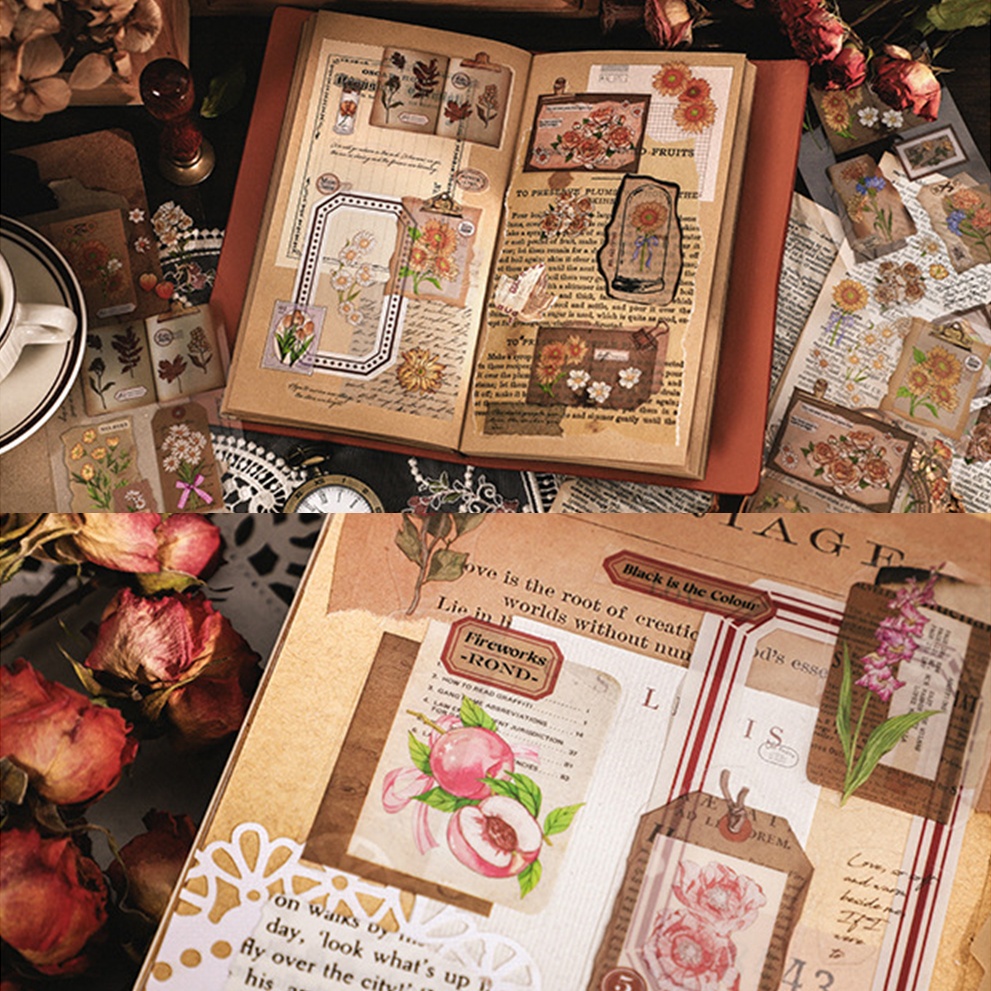 Set 3 tấm sticker PET các mẫu hoa nhiều màu sắc và giấy note trang trí journal