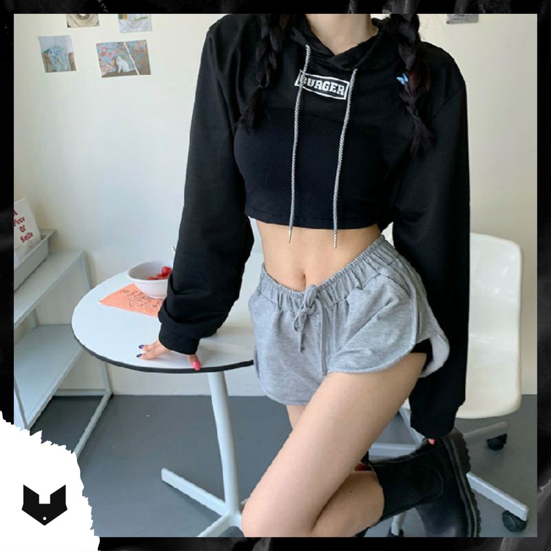 Áo hoodie croptop hở ngực dài tay logo có mũ xanh cốm tập nhảy sexy dance, gym