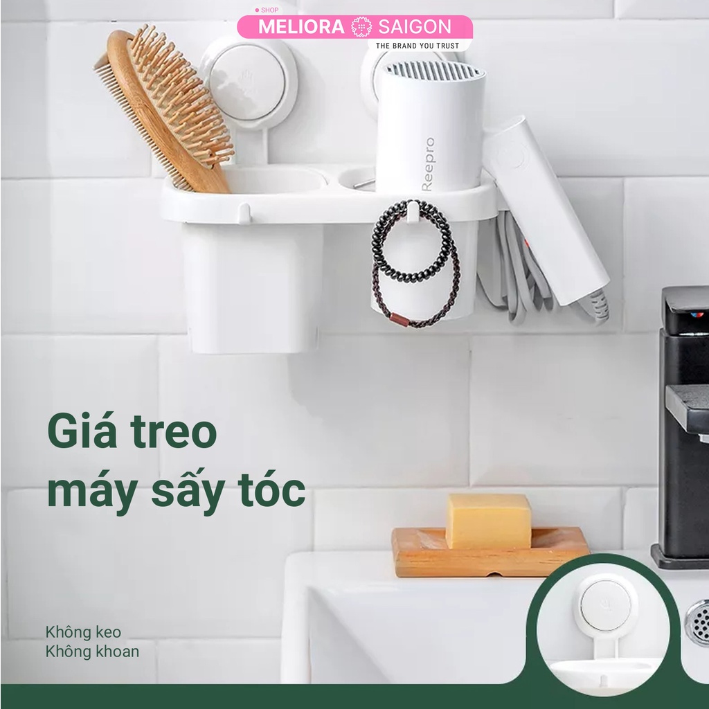 Giá đỡ máy sấy tóc có kệ đựng bàn chải đánh răng cao cấp MELIORA tải 10kg chống nước treo tường hút chân không SG597