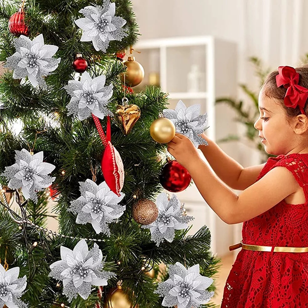 Bộ 5 Bông Hoa Lụa Ba Lớp Lấp Lánh Trang Trí Cây Thông Giáng Sinh Năm Mới