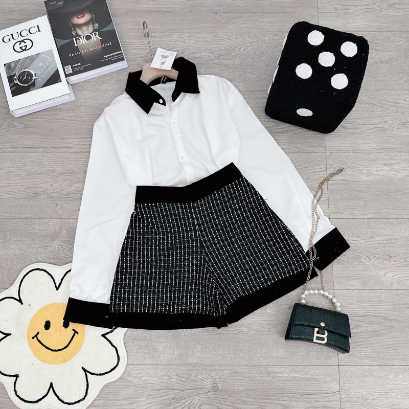 [ 𝐅𝐑𝐄𝐄 𝐒𝐇𝐈𝐏 ] Set áo sơ mi phối nhung mix quần sooc caro siêu xinh Áo sơ mi thô mềm đẹp, phối nhung cứng QC cao cấp