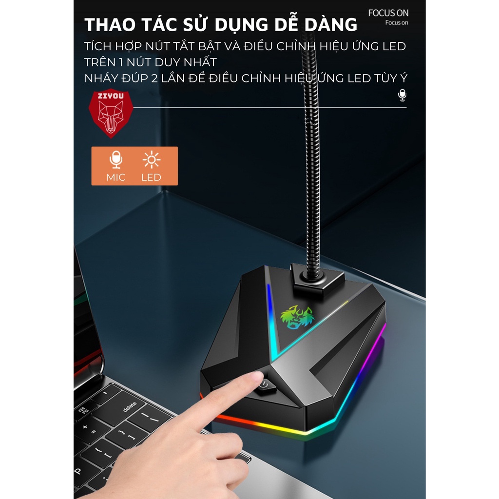 Micro Máy Tính, Laptop Ziyou MK10 LED RGB Thu Âm Chống Nhiễu Kết Nối Jack USB Hoặc 3.5mm Dùng Live Stream, Học Online