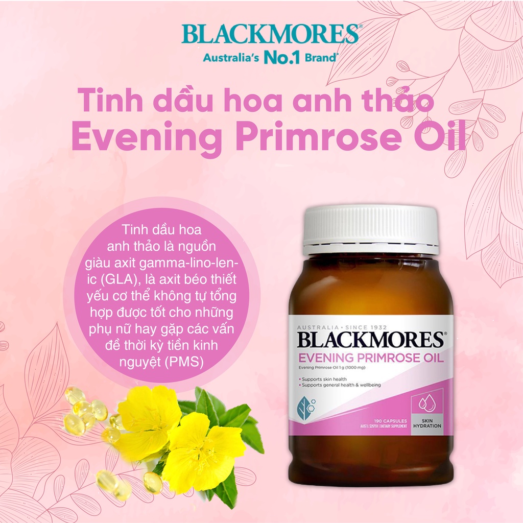 Tinh dầu hoa anh thảo Blackmores Úc 190 viên giúp điều hòa nội tiết, làm đẹp da, tóc, móng, kèm quà tặng tiện lợi