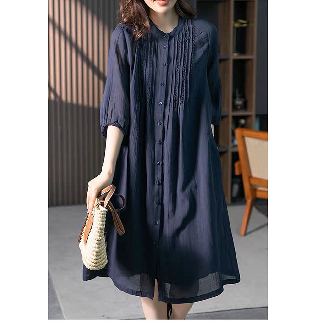 (TỔNG KHO LÂM ANH CHUYÊN SỈ) Đầm suông Linen Lụa Hàn tay lỡ sơ mi cổ tàu phối ren, vải Linen lụa nhập Hàn mềm mát