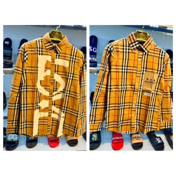GIẢM 40K Áo sơ mi kiểu nam nữ Burberry dài tay kẻ caro sọc màu be dập mác logo ngực kiểu dáng sang trọng