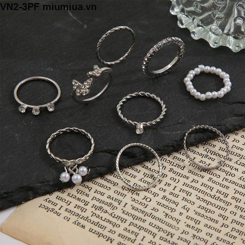 Set 9 nhẫn bạc ngọc trai pha lê thanh lịch Bộ nhẫn mỏng rỗng cho nữ phụ kiện trang sức