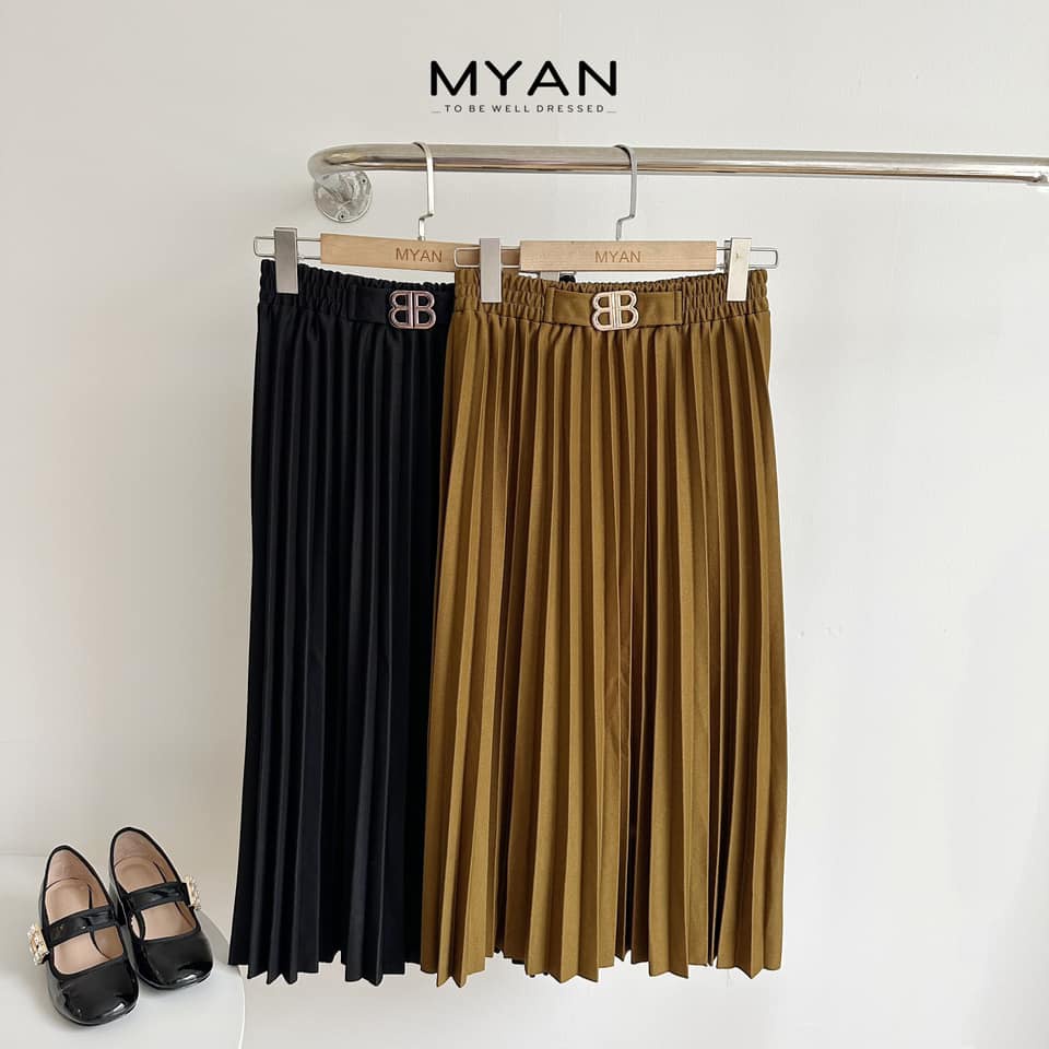 Chân váy xếp ly cạp chun MYAN phối xích kim loại 1 lớp phong cách cơ bản, thanh lịch màu rêu, đen V122216