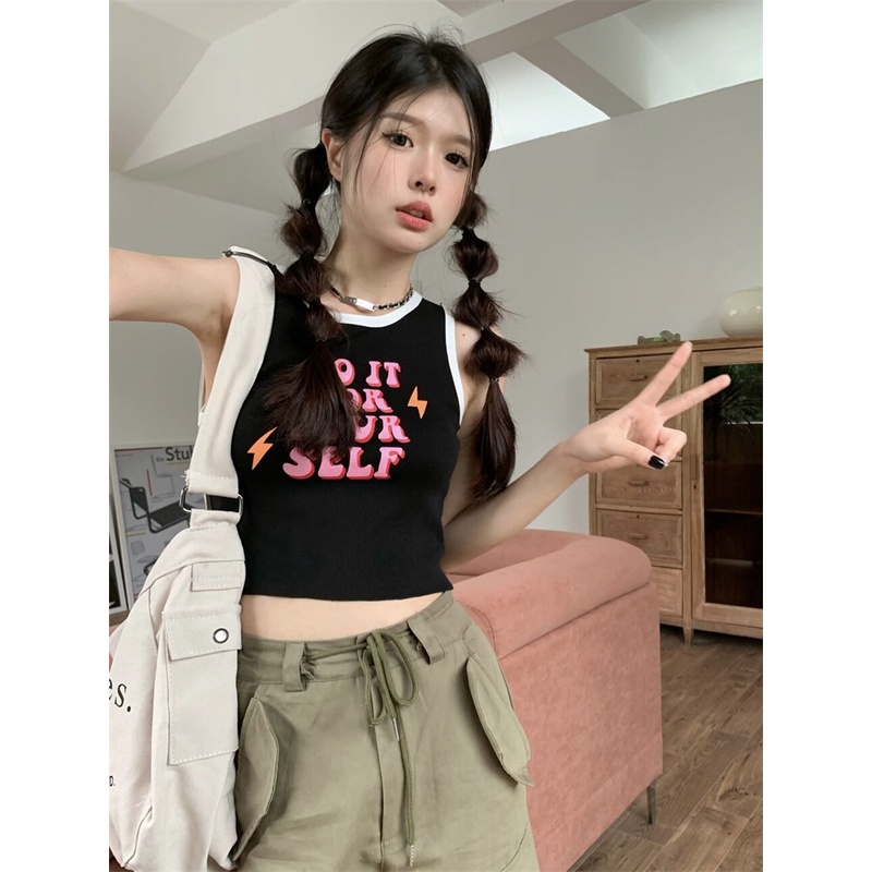 QKOOLE Áo tanktop  cổ tròn in chữ thời trang mùa hè