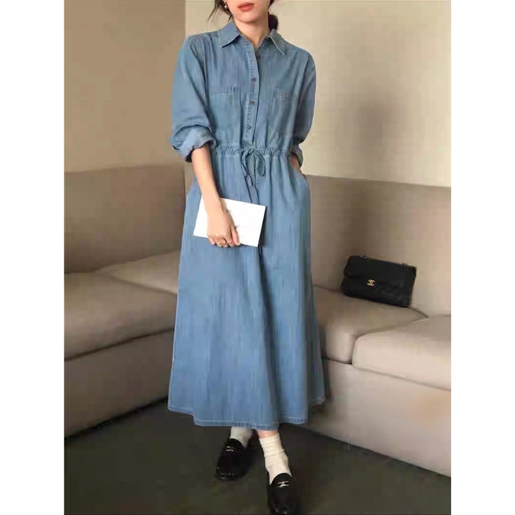Váy bò denim dáng dài thắt eo cổ bẻ có túi ngực phong cách Hàn Quốc/Korea Style