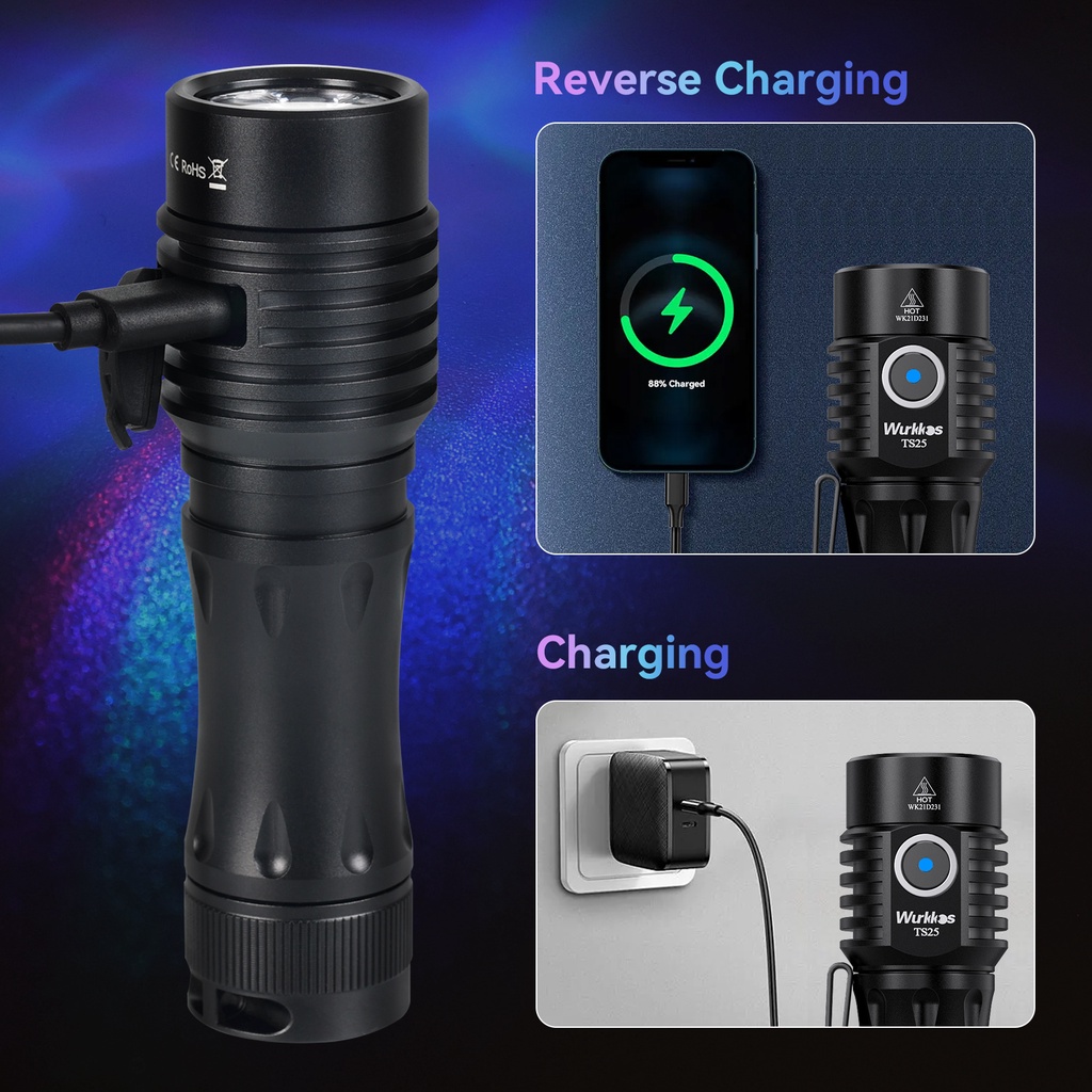 Đèn pin Wurkkos TS25 EDC 21700 LED AUX UI 2.0 4000LM nhiều màu sáng mạnh mẽ sạc USB C