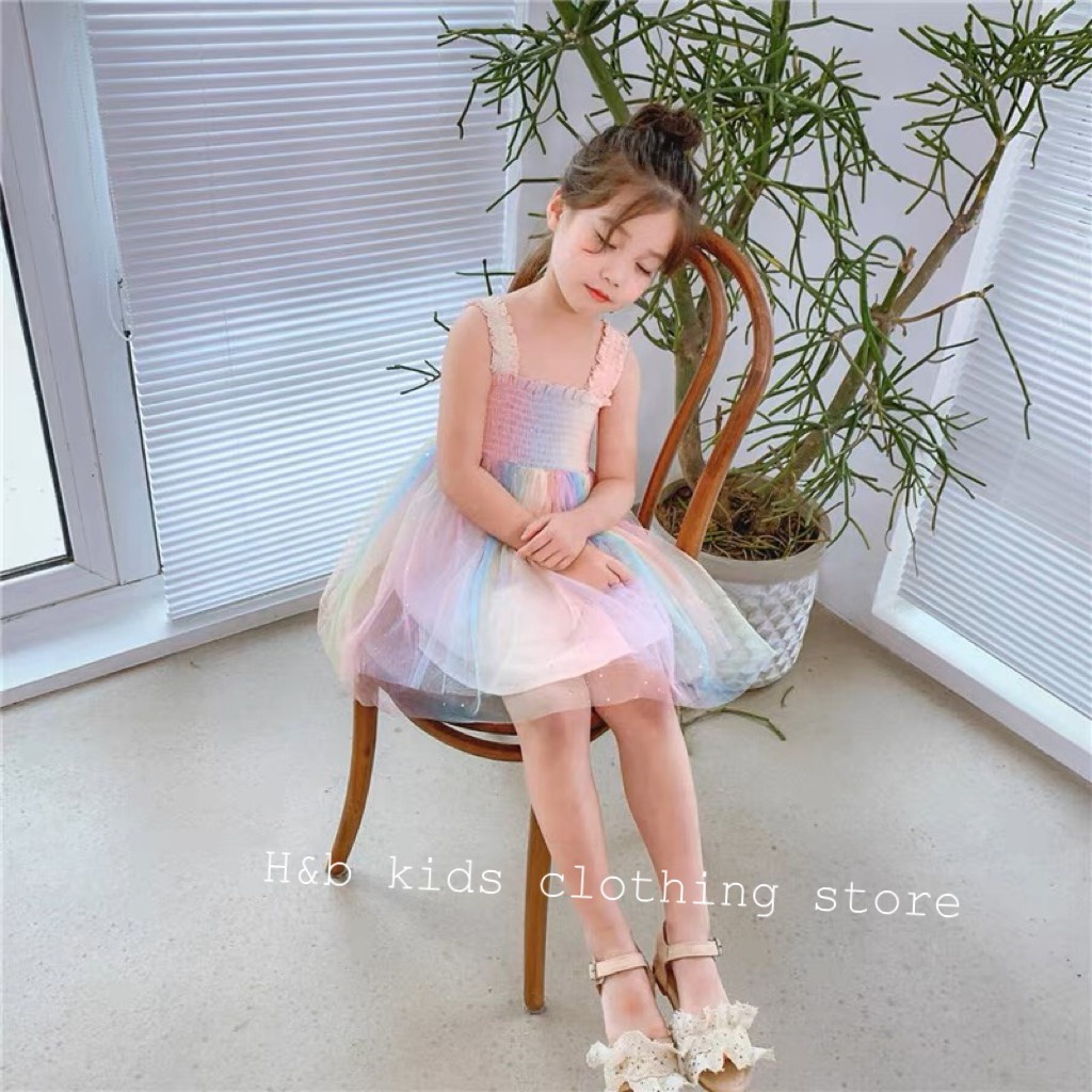 Váy 2 dây công chúa cầu vồng cực hot cho bé gái 8-20kg, váy cầu vồng hot tream 2023