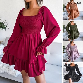 Đầm Voan Tay Dài Loe Cổ Vuông Ôm Ngực Co Giãn Thời Trang Mùa Thu Dành Cho Nữ TG.G