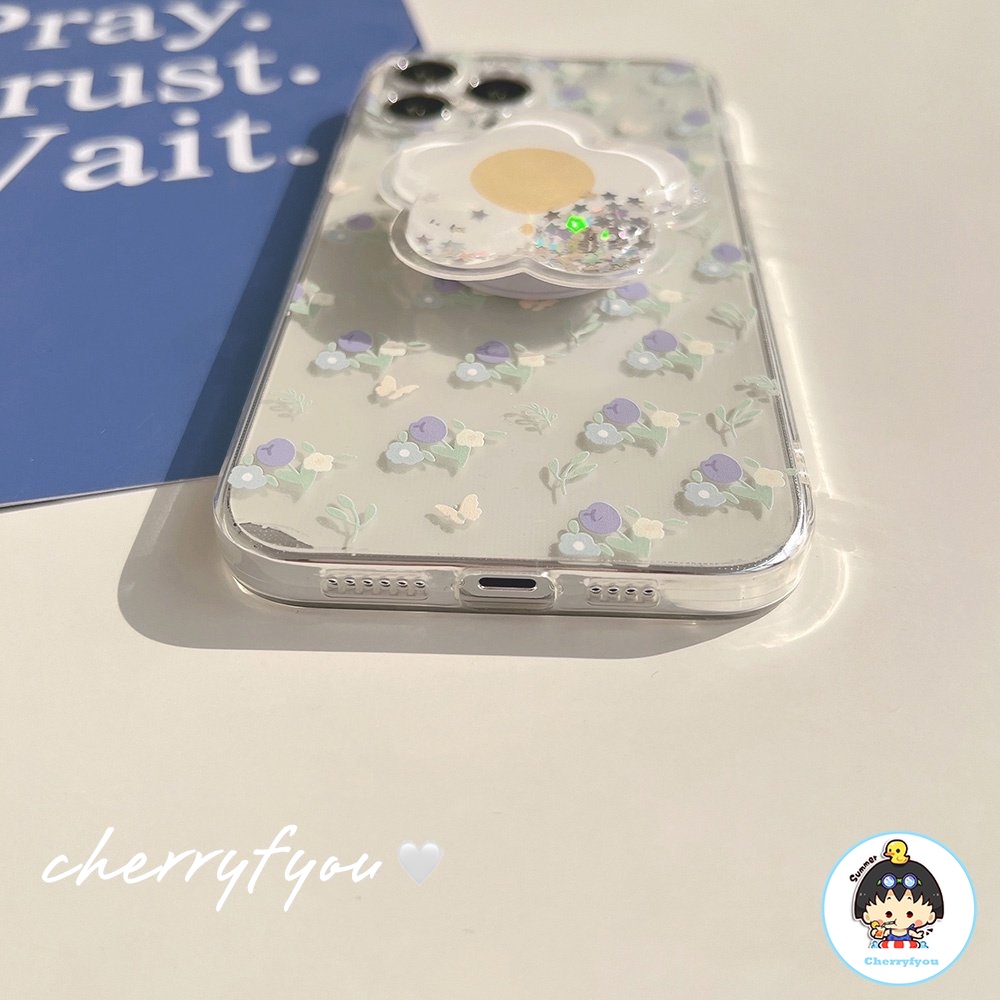 Ốp Điện Thoại TPU Mềm Trong Suốt Chống Trầy Có Giá Đỡ Hình Hoa Màu Xanh Dương Cho IPhone 11 12 13 14 Pro Max