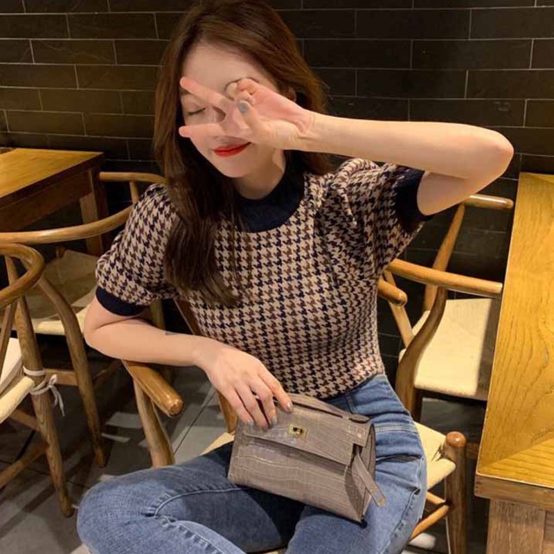 Áo Thun Dệt Kim Ngắn Tay Họa Tiết Houndstooth Thời Trang Mùa Hè