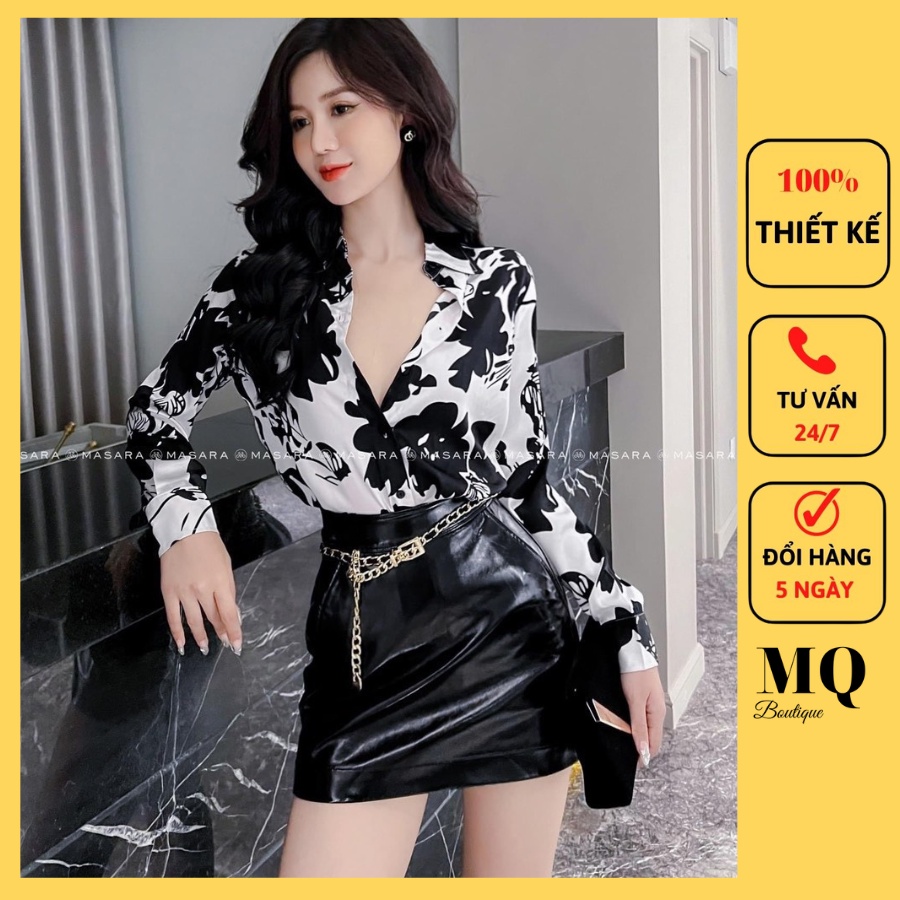 Áo lụa sơ mi nữ dài tay cao cấp công sở họa tiết hoa lá to đen nền trắng, áo sơ mi họa tiết thiết kế MQ Boutique
