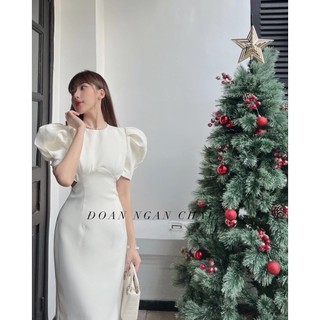 ĐẦM MIDI CỔ TRÒN TAY PHỒNG NHÚN CUTOUT LƯNG NƠ