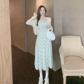 ✿ SET ĐẦM 2S HOA XANH KÈM KHOÁC CROP TRẮNG  VIỀN BÈO ✨