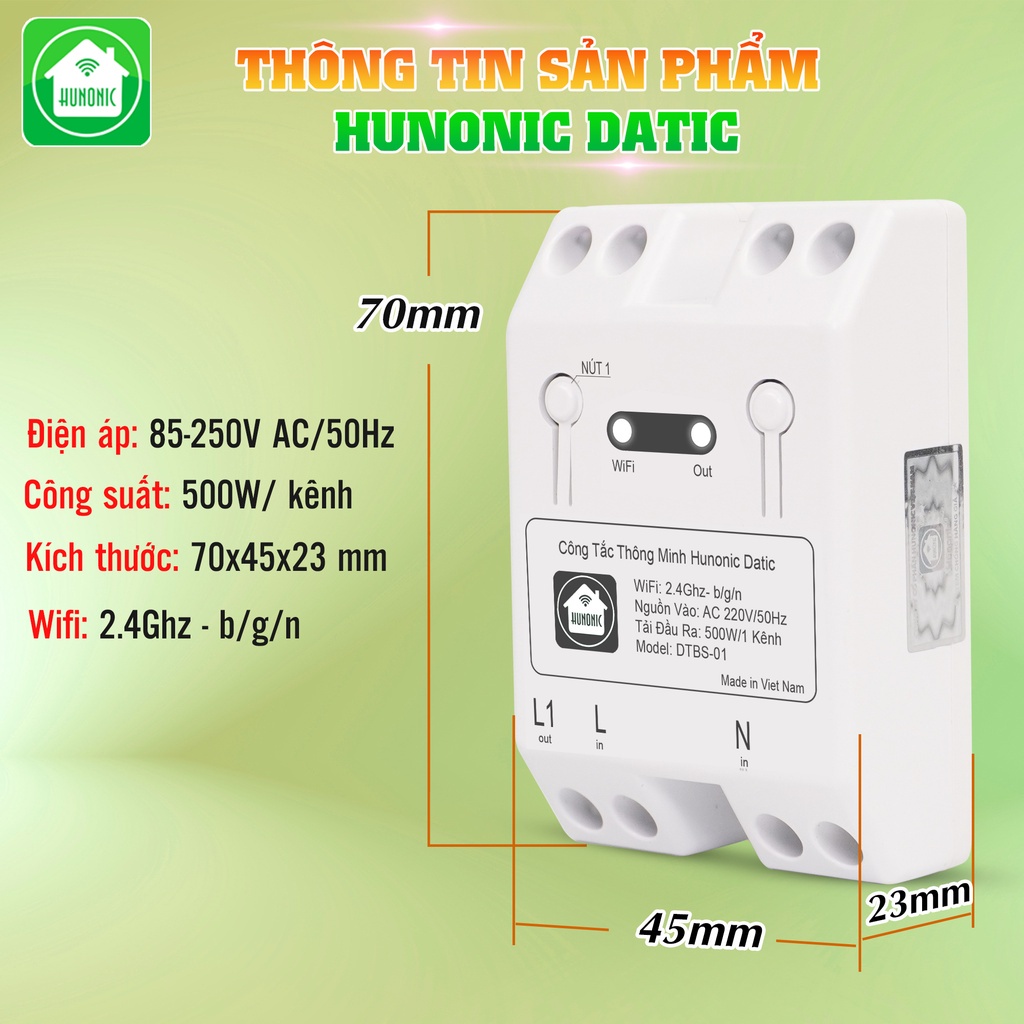 Công Tắc Thông Minh Wifi Hunonic Datic 1 Kênh 500W Điều Khiển Thiết Bị Từ Xa Qua Điện Thoại, Bảo Hành 6 Tháng 1 Đổi 1.