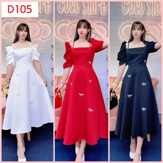 D105 - ĐẦM ĐỎ ĐI CHƠI TẾT, ĐI CHƠI, DỰ TIỆC, ĐẦM XÒE DÀI NƠ NHIỀU THIẾT KẾ TAY PHÒNG TONE MÀU XINH XẮN