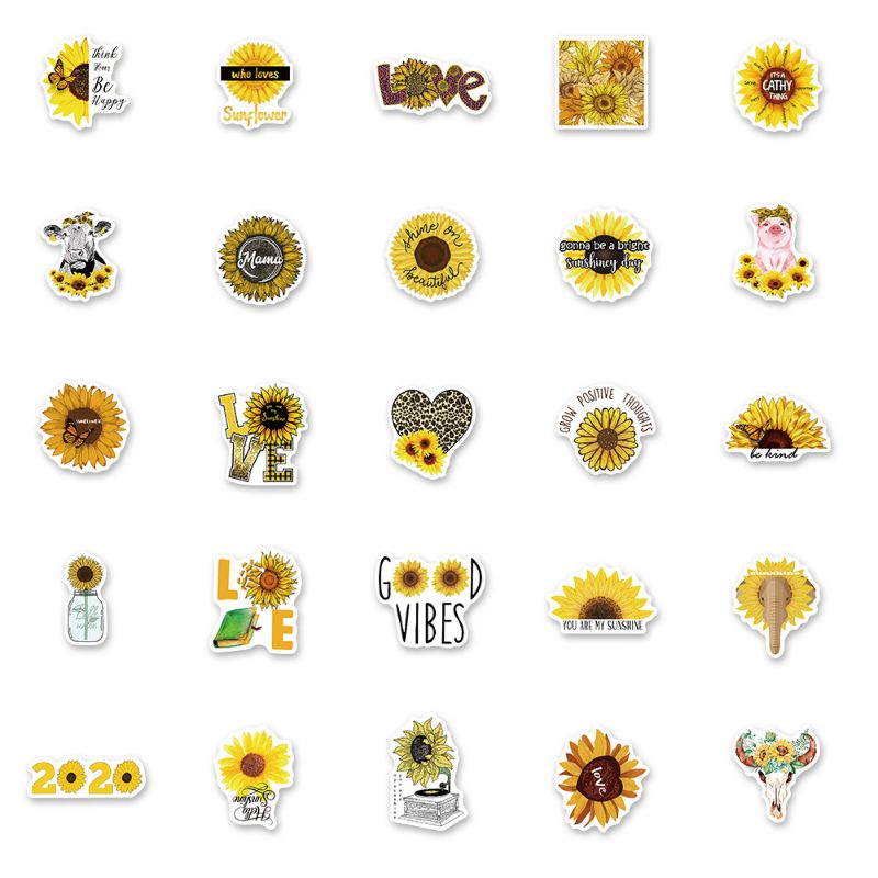Set combo 50 miếng dán sticker retro hoa hướng dương dán nón mũ bảo hiểm laptop vali sổ đàn guitar điện thoại tủ lạnh