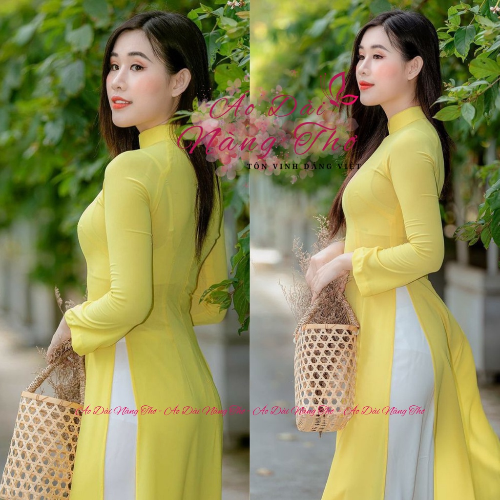 Áo dài truyền thống nữ màu vàng trơn 2 tà may sẵn lụa mỹ cao cấp - Áo dài Nàng Thơ