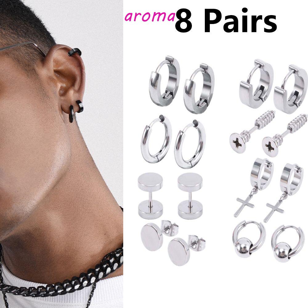 Set 8 Đôi Bông Tai Dạng Vòng Bằng Thép Titan Không Gỉ Phong Cách Punk Thời Trang Cho Nam Và Nữ