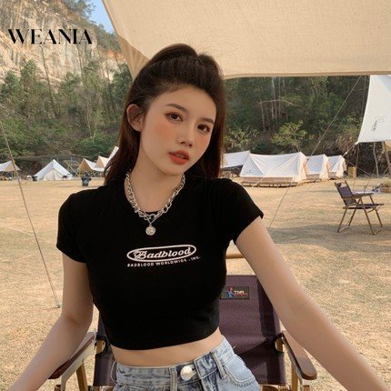 Weania Young Lady Áo Thun Crop Top Ôm Dáng In Chữ Phong Cách Hàn Quốc Cho Nữ