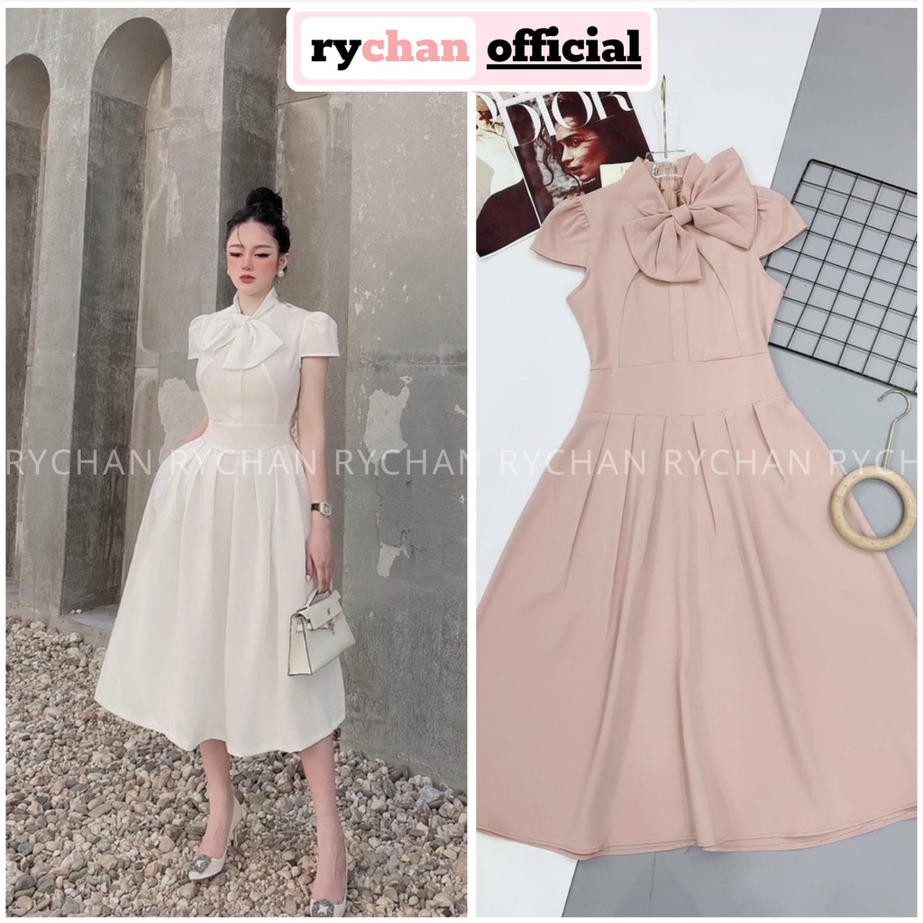 Đầm Xòe Midi Tay Hến Chiết Eo Cổ Đính Nơ [Ảnh Thật Cuối] - DX0070