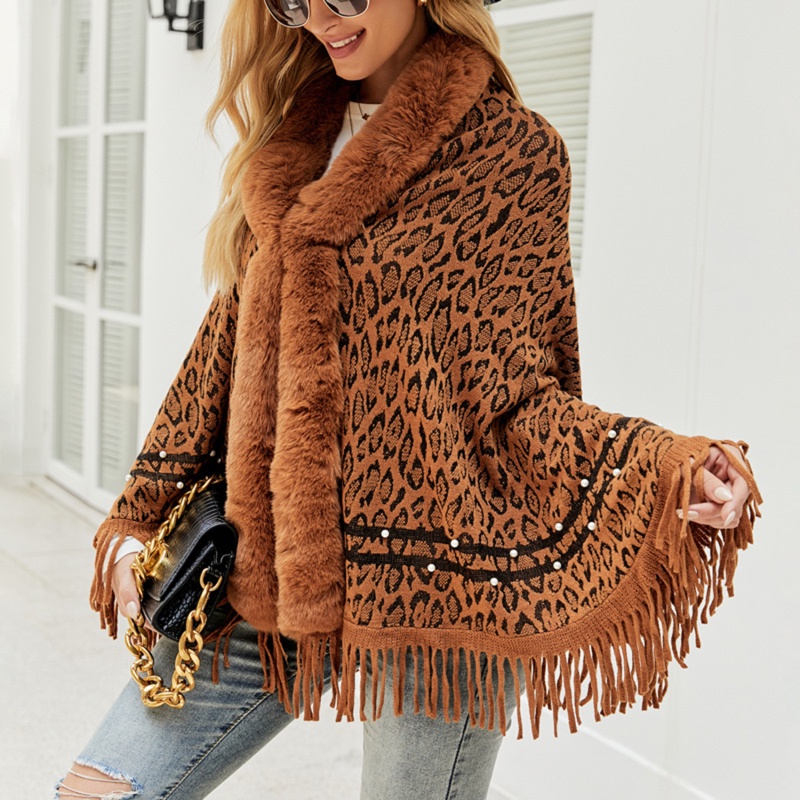Áo Khoác Dệt Kim Dày Ấm Áp Phối Lông Giả Họa Tiết Da Báo Thời Trang Mùa Đông Cho Nữ < Poncho JF >