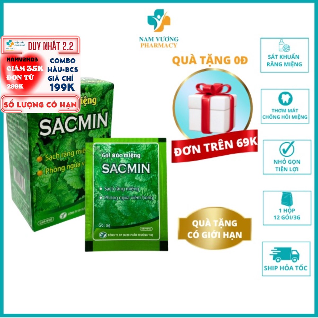 Gói súc miệng Sacmin - Vệ sinh răng miệng, Súc miệng nước muối sạch khuẩn cho bé hương thơm mát - Hộp 12 gói*3g