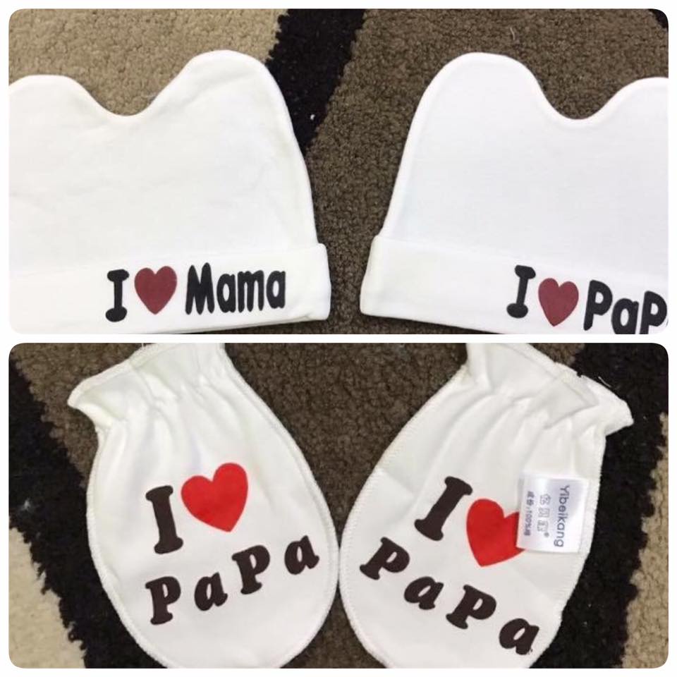 Set mũ + bao chân tay i ❤️ papa - i 💚 mama cho bé 0-6m