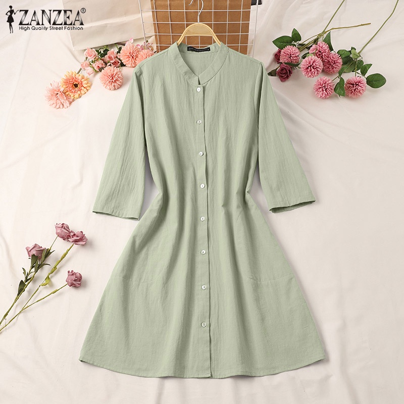 Đầm midi ZANZEA tay lửng cổ đứng có túi thời trang cho nữ