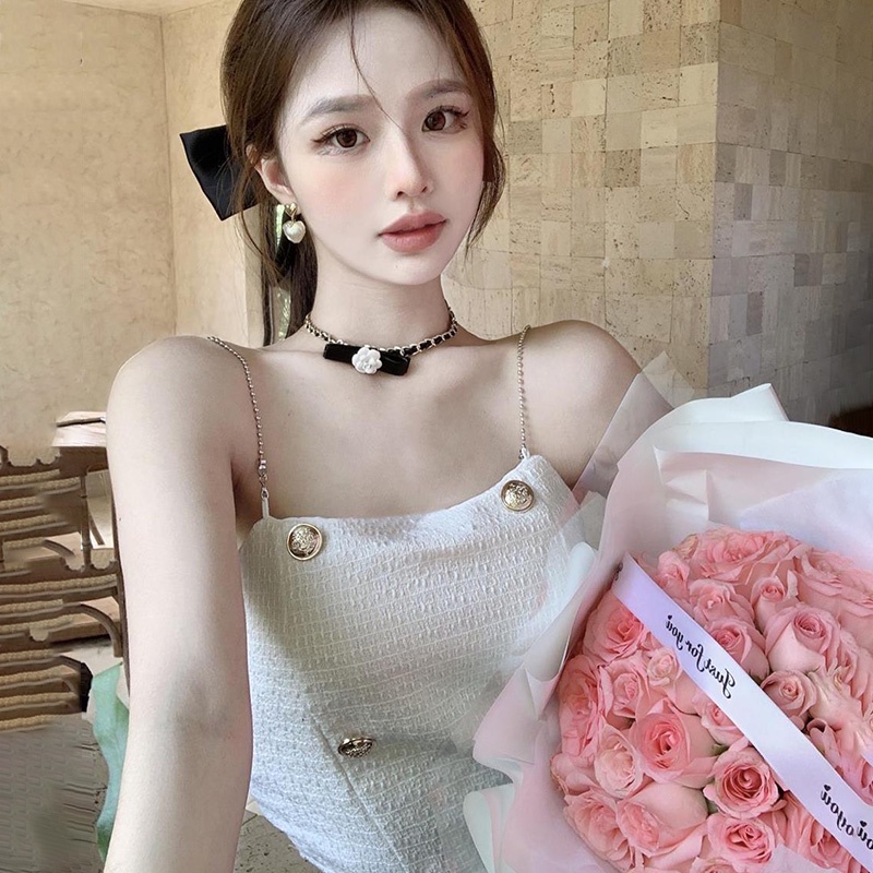 Áo Hai Dây Màu Sắc Trơn Có Đệm Ngực Phong Cách Vintage Hàn Quốc Cho Nữ