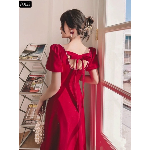 Váy trắng tiểu thư cổ kết ngọc sang trọng nơ lưng