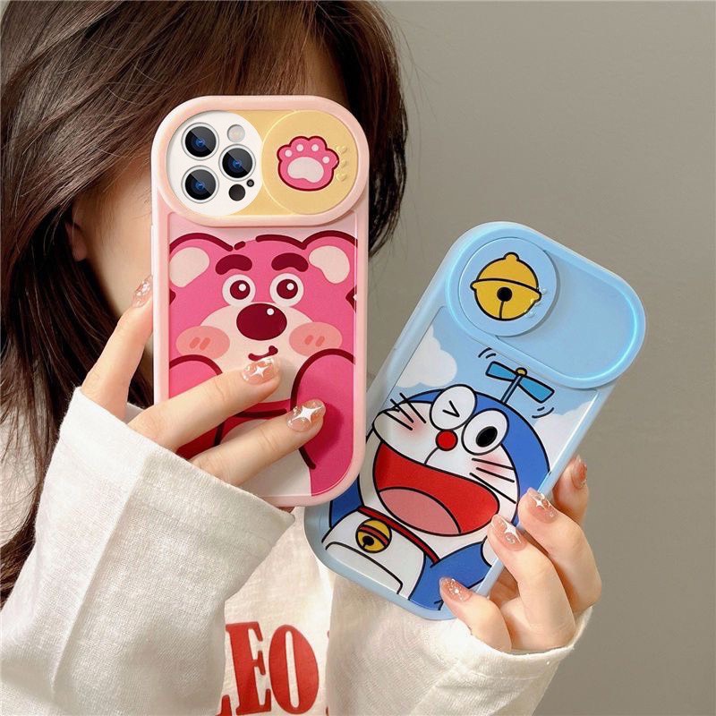 Ốp lưng iphone NẮP TRƯỢT GẤU DÂU VÀ DOREMON 7/8plus/X/XS/XsMax/11/12/13/14Promax