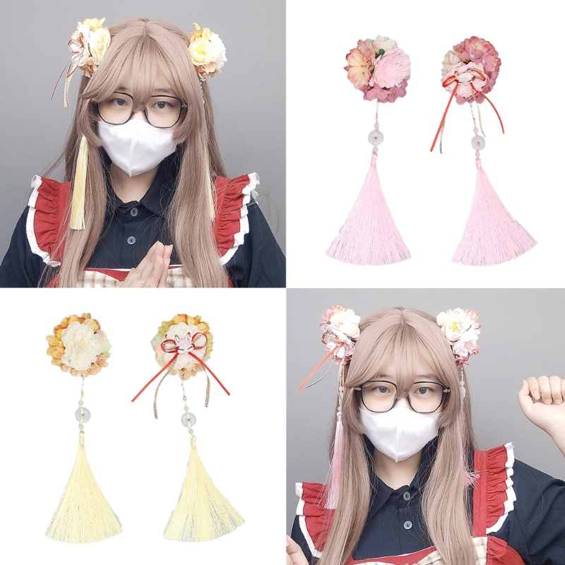 Kẹp Tóc Hoa Hồng Tua Rua Dài Phong Cách Lolita