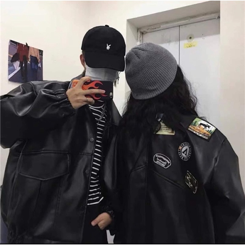 Áo Bomber da dáng rộng cổ bẻ Stickers cực chất Áo khoác form rộng nam nữ mặc đi chơi đi học