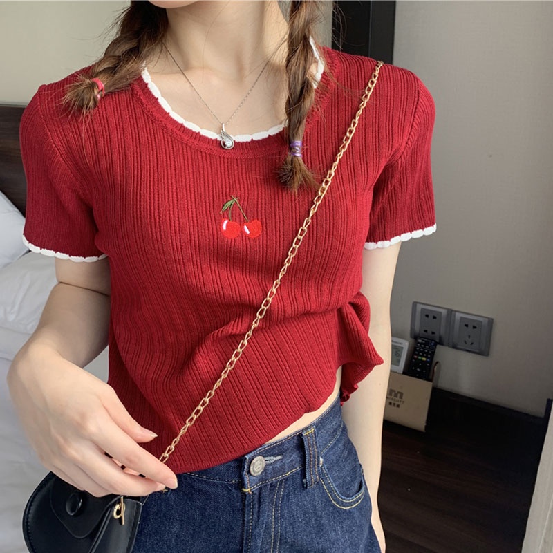 Áo sweater Tay Ngắn Cổ Tròn Dáng Ôm Thời Trang Mùa Hè Phong Cách Hàn Quốc Cho Nữ