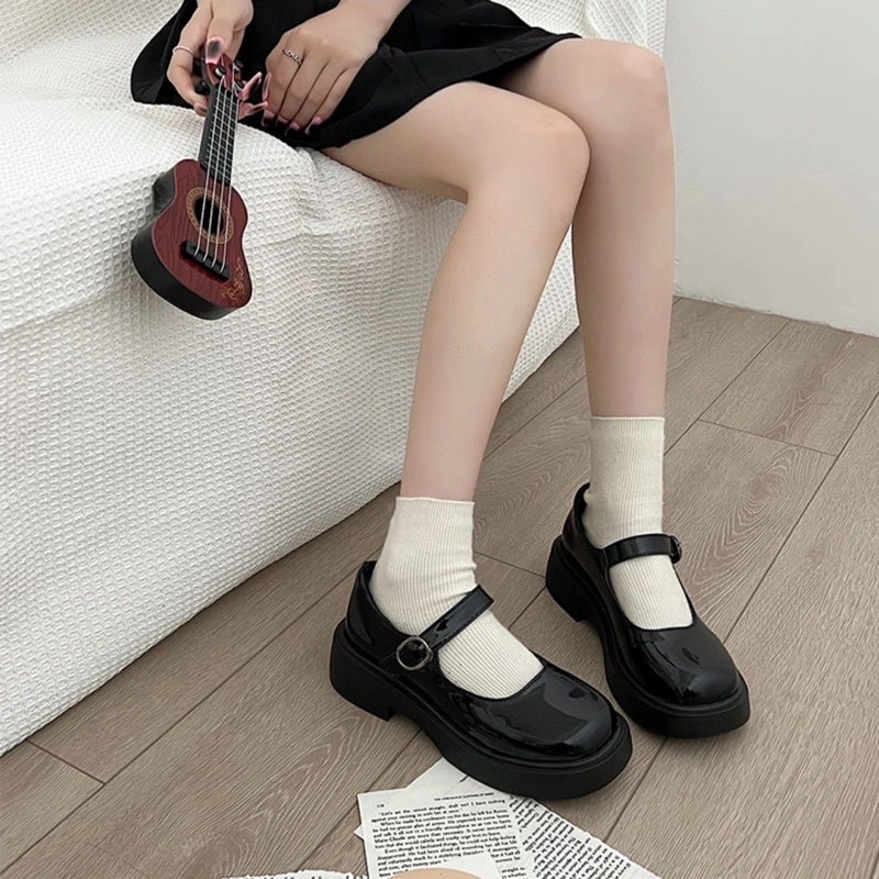 Giày nữ đế 3p, giày búp bê 2 màu trắng đen, giày lolita quai ngang xinh xắn