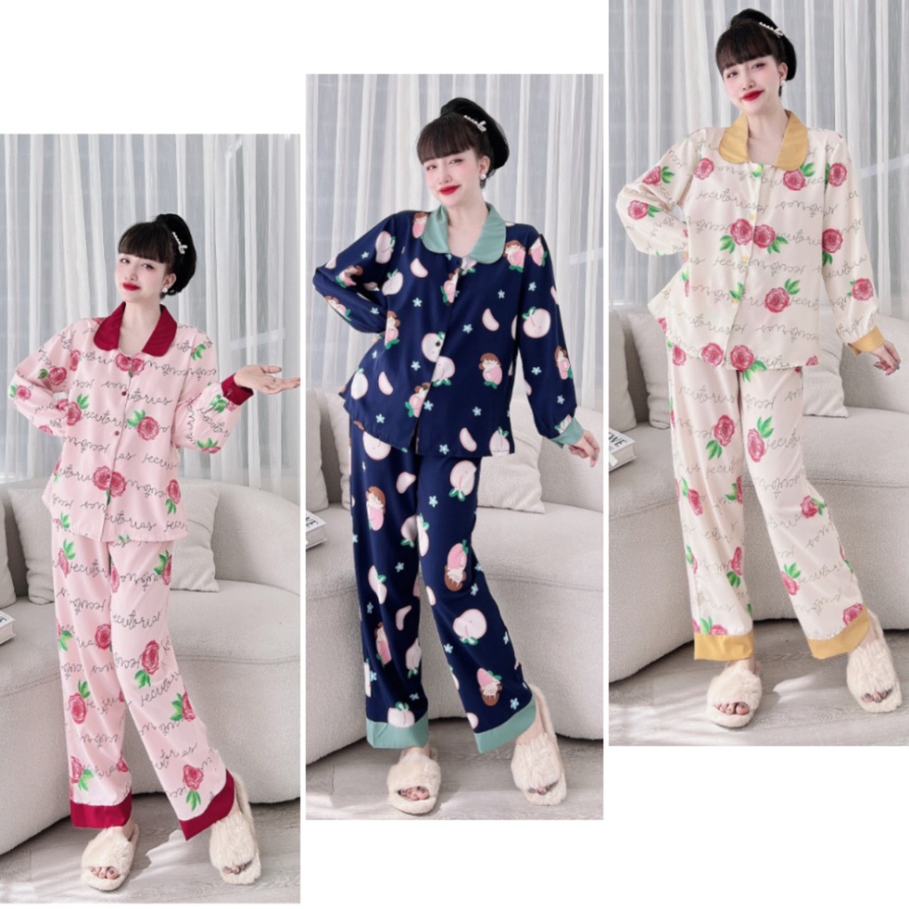 Đồ Bộ Tay Dài Lụa Hàn Cổ Sen Mặc Nhà Bigsize 50-100kg
