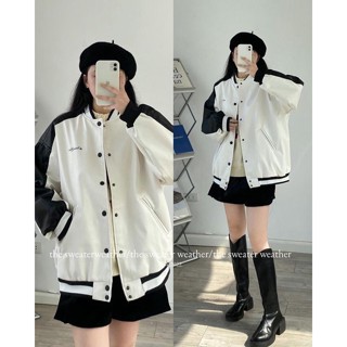 Áo da bomber phối đen trắng cúc bấm hàng unisex