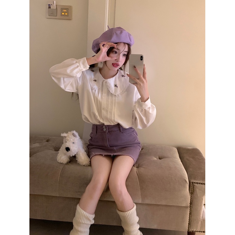 Áo Kiểu Tay Dài Cổ Búp Bê Thêu Họa Tiết Ngọt Ngào Thời Trang Mùa Thu Cho Nữ