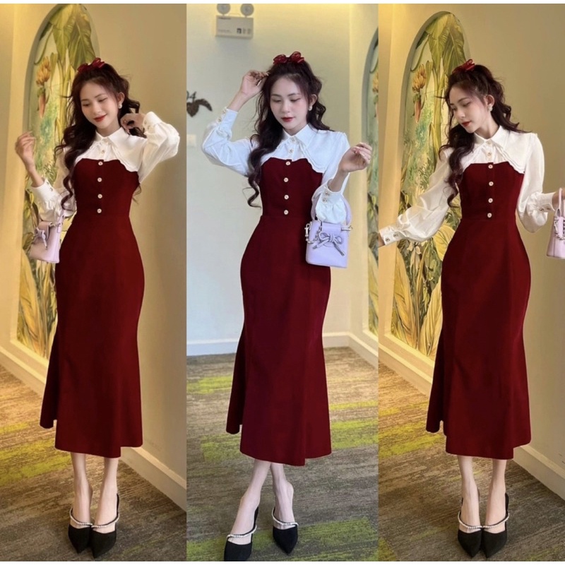 Đầm Váy Nữ Chất Vải Nhung Cứng Ôm Body Cổ Bẻ Dài Tay Màu Sắc Đỏ Phối Trắng Thiết Kế Sang Chảnh Đi Làm Công Sở, Dạ Hội