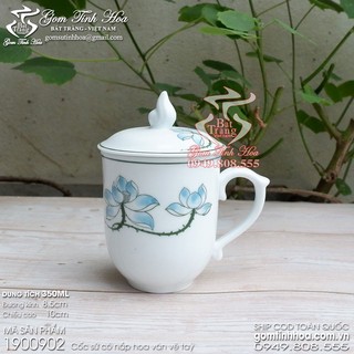 Cốc sứ có nắp dáng cốc mẫu đơn vẽ hoa sen men trắng